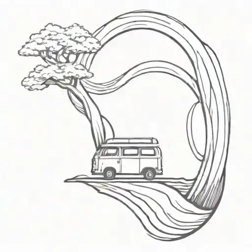 Van Riding On Bumpy Road To Tree And Waves