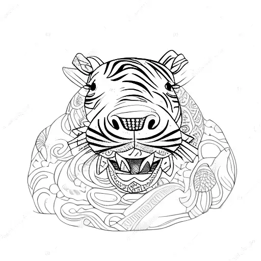 A Sketch-style Tattoo Of A Stuffed Baby Hippo Surrounded By Tiger Lilies