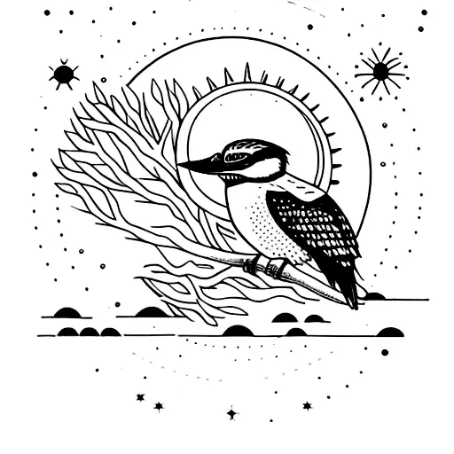 A Kookaburra On A Willow Branch With Sun Moon And Stars In The Background