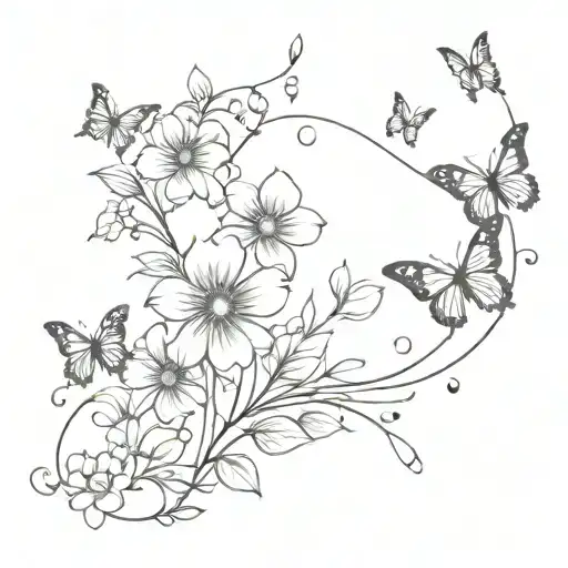 Fine Line Floral Vine With A Butterfly