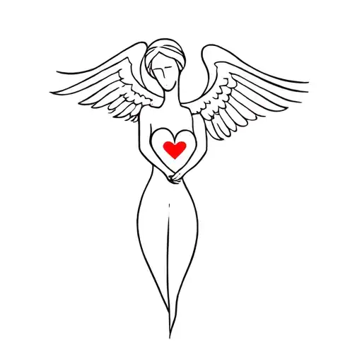 Very Fine Very Minimalist Line Of An Angel Who Holds A Heart In His Hands