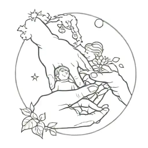 Planet With Mom And Child Holding Hands With Sprouts From Their Bodies