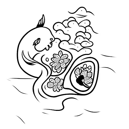 2 Swimming Koi Fish And Cherry Blossom Flowers