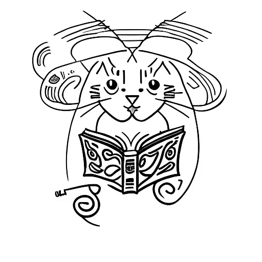 A Minimalist Tattoo Of A Cat Reading A Book With A Glass Of Red Wine Beside It