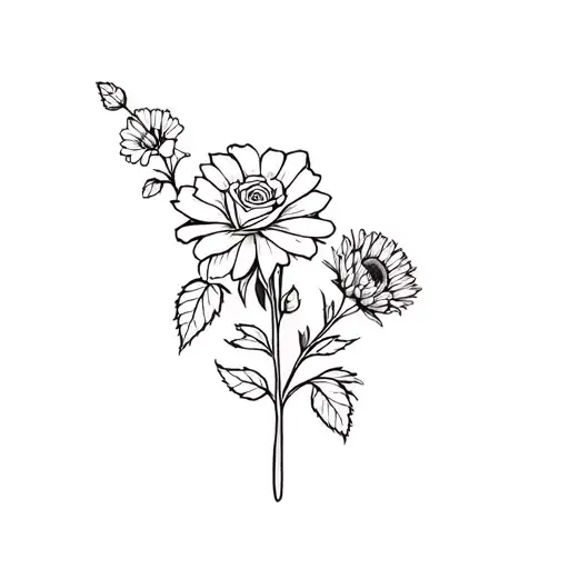 Single Rose And Aster And Cosmo Flower In Black And White Linework