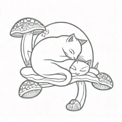 Cat Sleeping On Grass Inside Ring Of Big Mushrooms