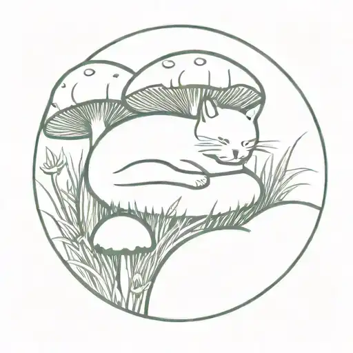 Cat Sleeping On Grass In Circle Of Big Mushroom