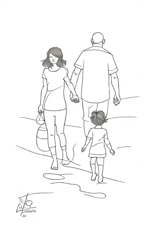 Little Girl With Grandpa In The Shadow Walking Across