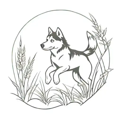 Husky Jumping Into Grass Field