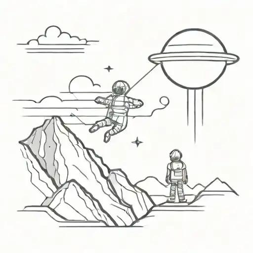 A Minimalist Design Of A Child Playing In A Mountain Range With A Spaceship Flying Overhead