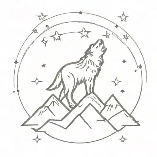 Wolf In Mountain Peaks With Stars Surrounded By A Planet