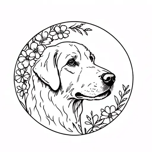 Labradoodle Head Outline And Flowers In Circle