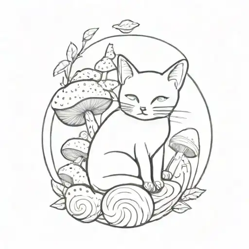 Cat Laying In Circle Of Big Mushrooms Growing