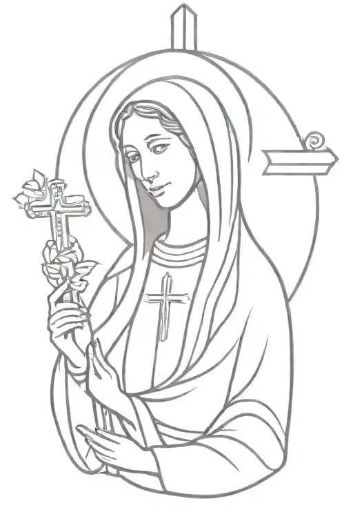 Virgin Mary Holding A Cross In Red Ink