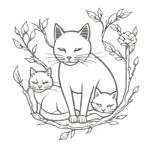 A Minimalist Tattoo Of A Mother Cat Surrounded By Her Four Kittens In A Tree