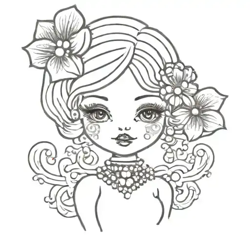 A Traditional Style Tattoo Of A Cewpie Doll In Pearls