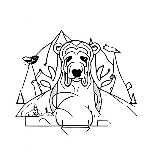 A Minimalist Tattoo Of A Dog And A Bear In A Forest