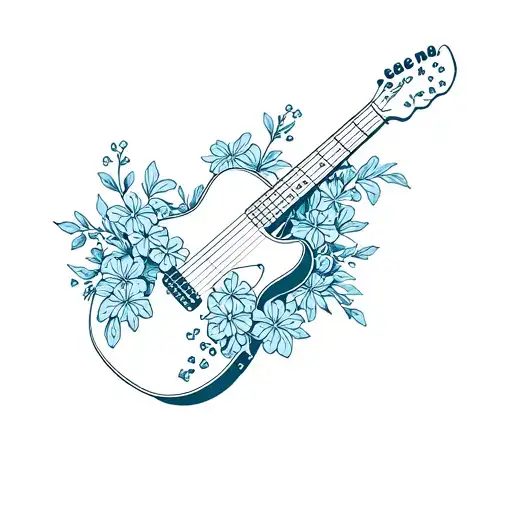Line Art Guitar Wrapped In Forget Me Not Flowers