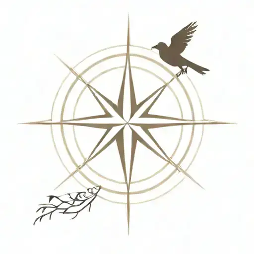 A Minimalist Outline Of A Compass Rose With A Bird Silhouette Perched On Top