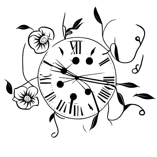 A Minimalist Tattoo Of A Clock With Lilies Growing Out Of Its Hands