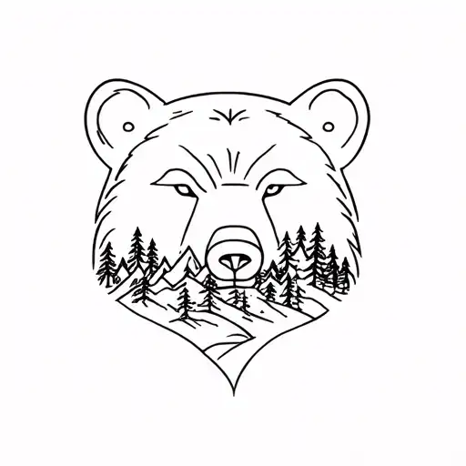 Bear Head With Forest And Mountains Inside