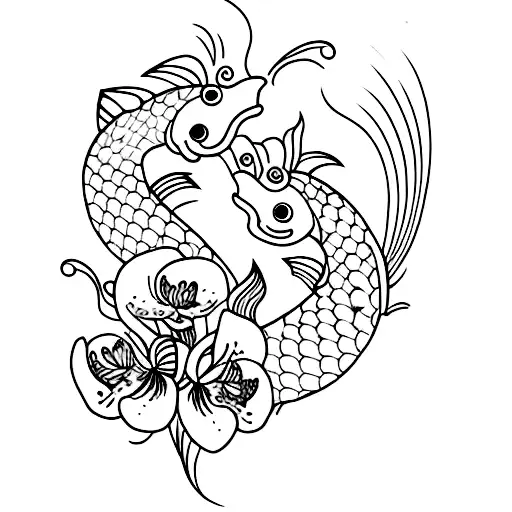 Koi Fish With Orchid Flowers Around It