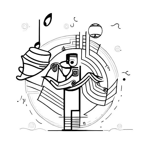 A Minimalist Tattoo Of A Solar Installer Holding A Basketball And Surrounded By Music Notes