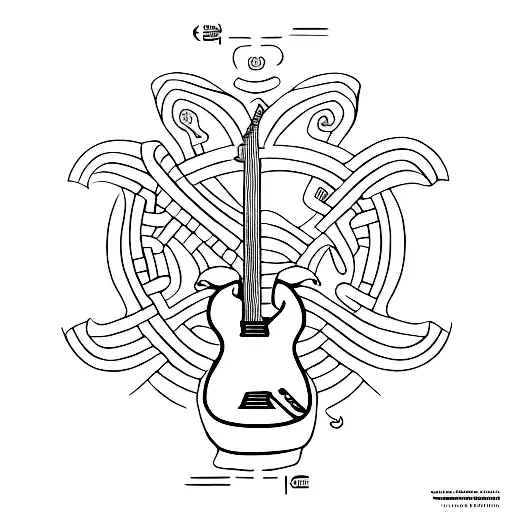 An Abstract Representation Of A Guitar With Egyptian Hieroglyphics Intertwined In The Design