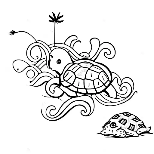 A Minimalist Beach Scene With A Turtle Swimming In The Ocean And A Dandelion Floating In The Breeze