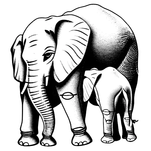 Elephant Dad With Three Smaller Elephants Next To Him Looking At Them From Their Back Side