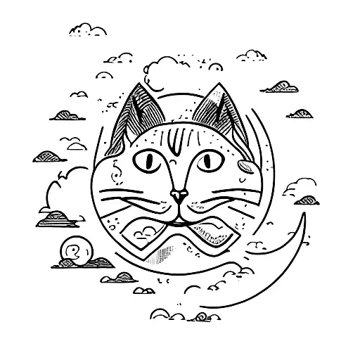 Cat On Cloud And Moon