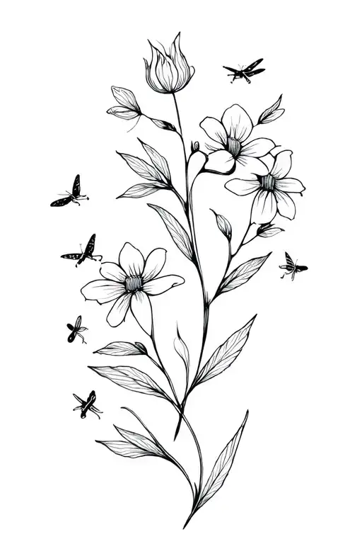Fireflies June Flowers Line Art