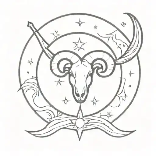 A Celestial Scene With A Sun Wearing Ram Horns And A Plus Sign In The Background