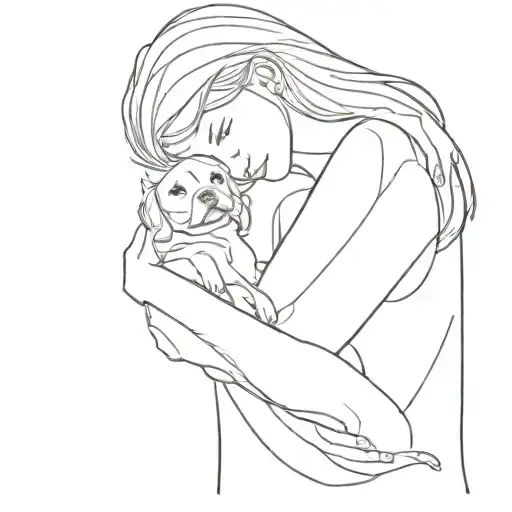 Girl Hugging Her Dog Deeply Line Drawing
