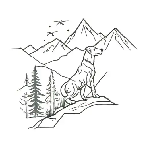 A Minimalist Tattoo Of A Dog Hiking In The Mountains