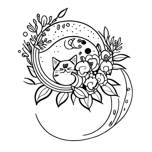 A Line Art Of A Black Cat Sleeping With A Moon And Flowers