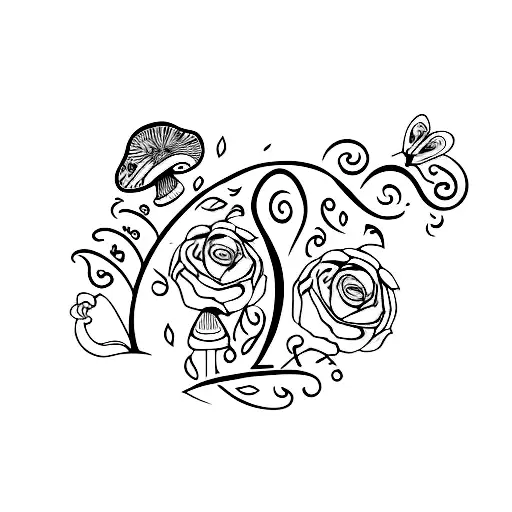 Long And Slimest Leaf Behinde Knife And A Butterfly On The Stiletto Knife And Little Mushrooms