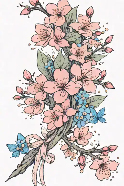 Small Fine Chain Of Cherry Blossoms And Forget Me Nots With Pink Cancer Ribbon Flowing In The Wind