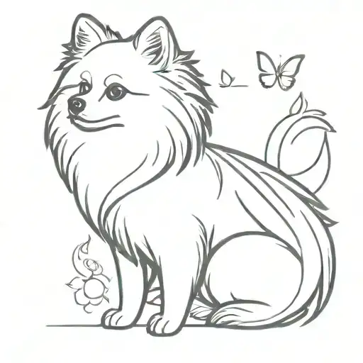 Pomeranian With Angel Wings Flying With A Butterfly