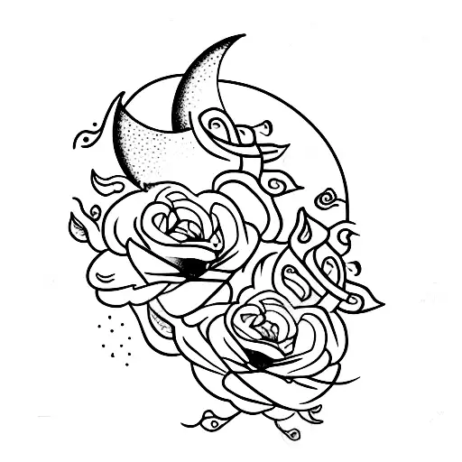 A Minimalist Tattoo Of A Crescent Moon Surrounded By Roses And A Firetruck