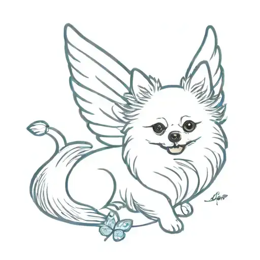Pomeranian Dog With Angel Wings And A Blue Butterfly Flying