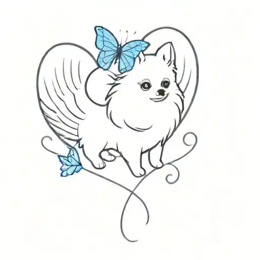 Pomeranian Dog With Angel Wings And A Blue Butterfly Flying Together