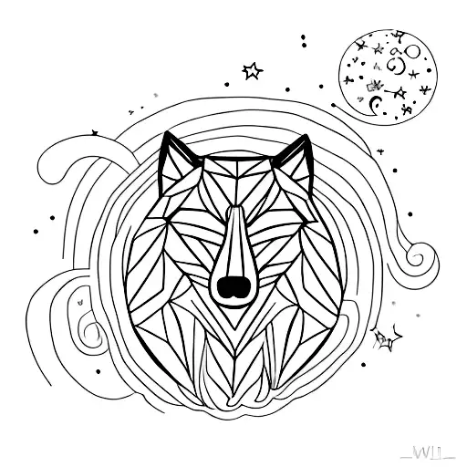 A Minimalist Tattoo Of A Wolf Silhouette Surrounded By A Starry Night Sky