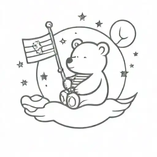 Bear Sitting On Moon Holding Flag