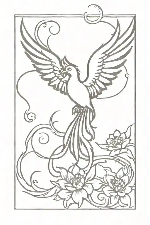 Peaceful Flying Phoenix With Wings Open Flames And Flowers