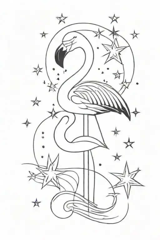 Retro Flamingo Surrounded By Stars Water And Bubble