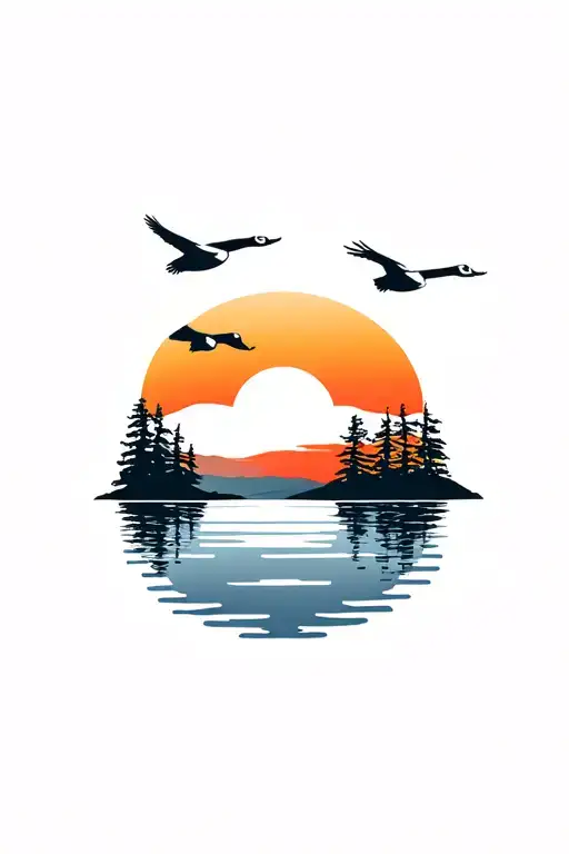 Geese Flying Centred In Nature Elements Like Trees Sunset Over Lake