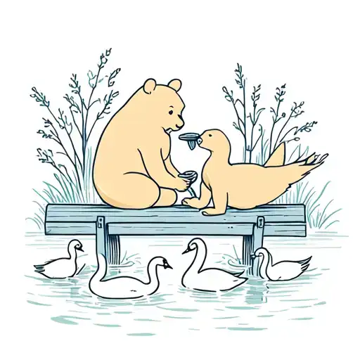 Mama Bear And Cub That Look Like Winnie The Pooh On A Bench Feeding Swans In A Pond