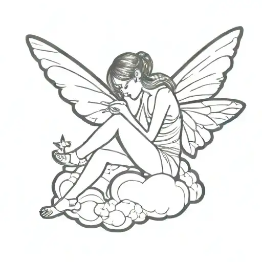 Fairy Sitting On Cloud Fineline