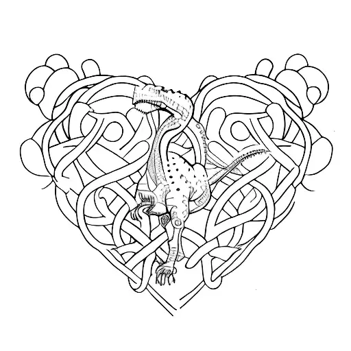 A Minimalist Tattoo Of Two Intertwined Hearts With A Dog And A Dinosaur Silhouette Inside